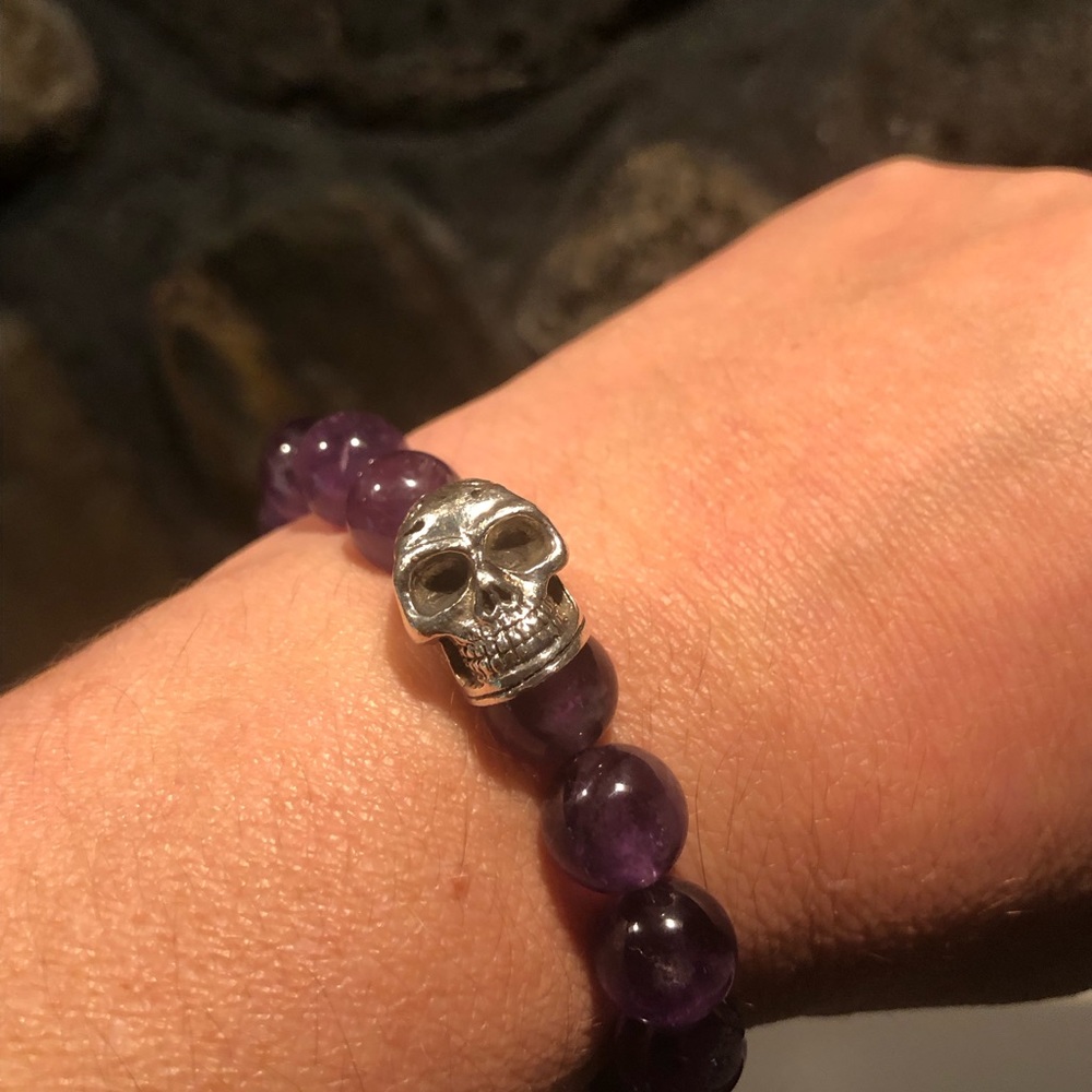 ❌SOLD❌❤️KING BABY STUDIO 10mm Amethyst Bead Silver Skull Bracelet $365 - Picture 14 of 15